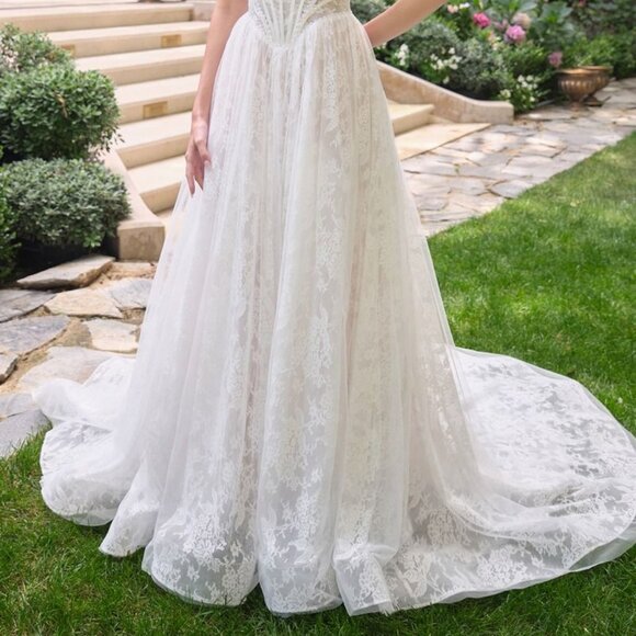 New Off White-Nude Floral Lace Embellished Wedding Tulle Ball Gown CD WL069 - Picture 6 of 13